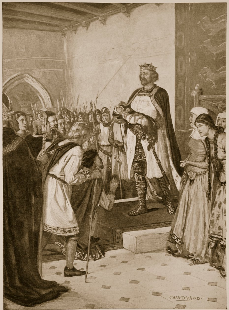Král Edward I. Představuje svého malého syna Edwarda velšským náčelníkům na zámku Carnarvon jako jejich prince z Walesu od Charles Daniel Ward