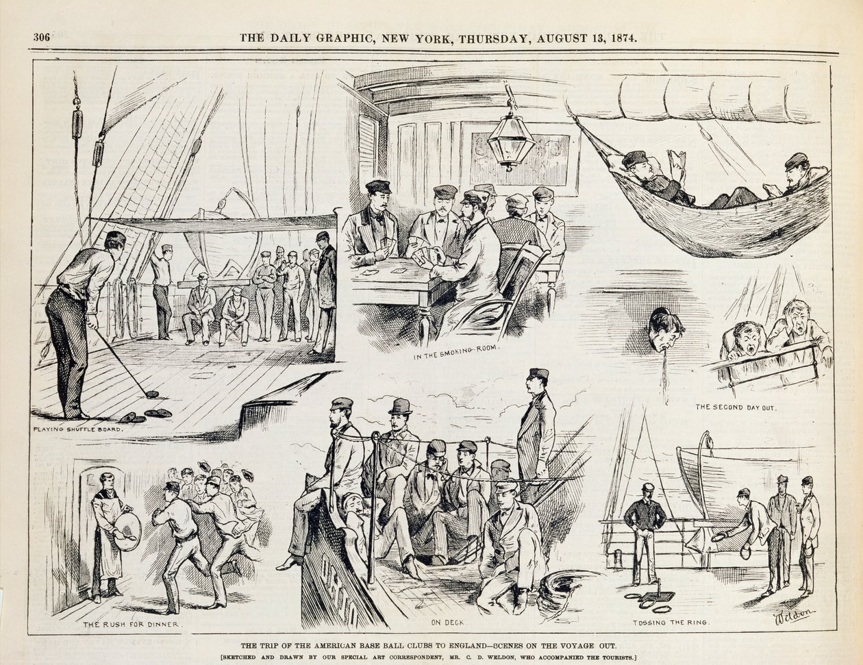 Výlet amerických baseballových klubů do Anglie (The Voyage Out) publikovaný v The New York Daily Graphic, 1874 od Charles Weld