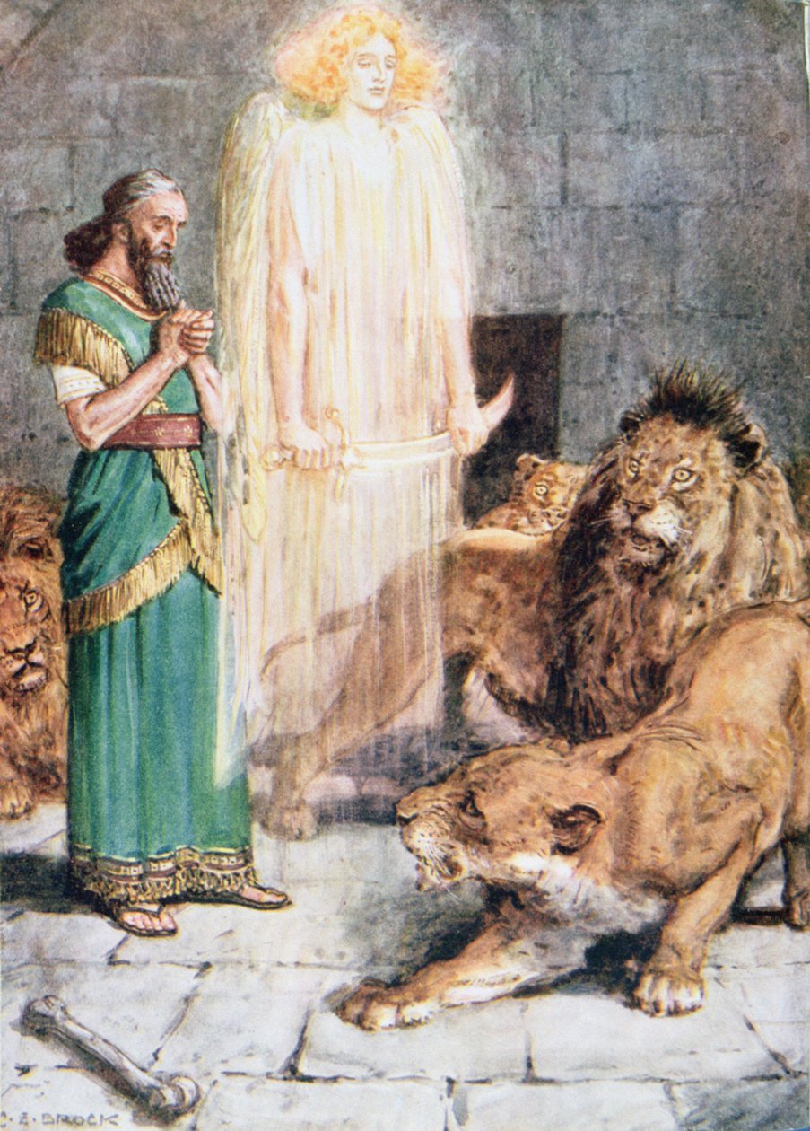 „Anděl Boží zůstal u Daniela celou noc“, ilustrace z „Through the Bible“, vydané v roce 1928 od Charles Edmund Brock