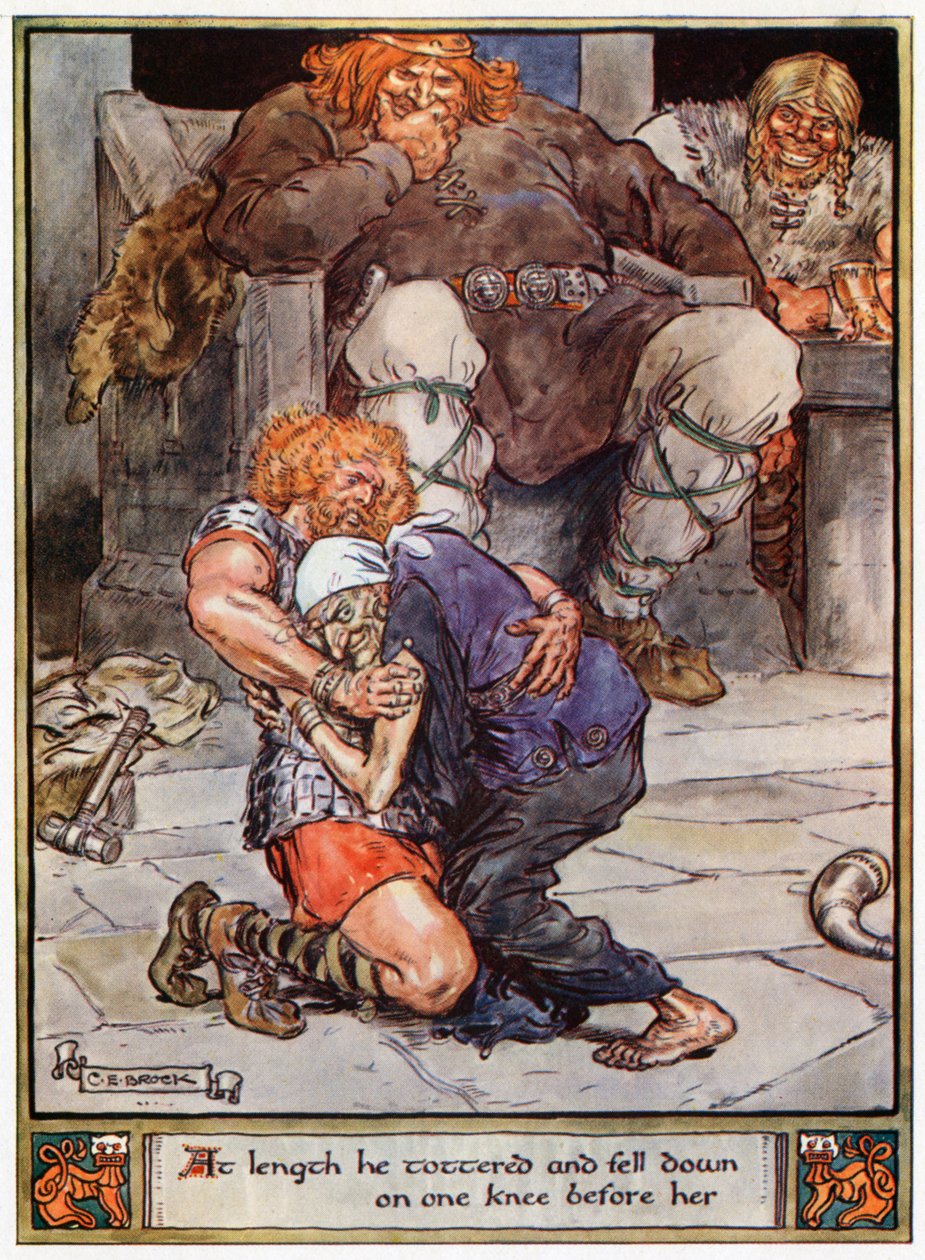 „Nakonec se zapotácel a padl před ní na jedno koleno“, ilustrace z „Hrdinové z Asgardu, příběhy ze skandinávské mytologie“, od A und E Keary, 1930 od Charles Edmund Brock
