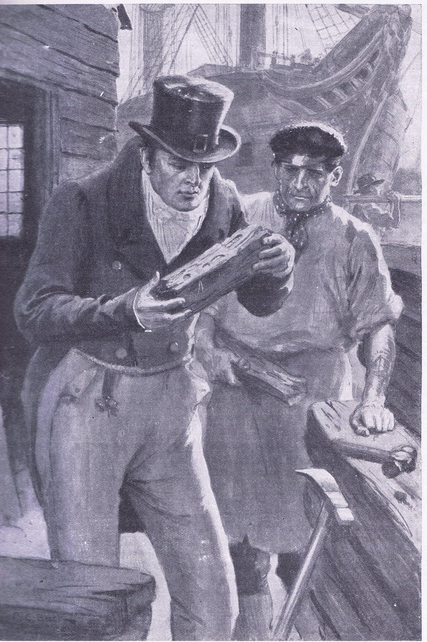 Brunel vidí kus lodního dřeva, do kterého se zavrtal teredo, což ho inspirovalo k nápadu zavrtat se pod Temži ( litografie). od Charles Edmund Brock