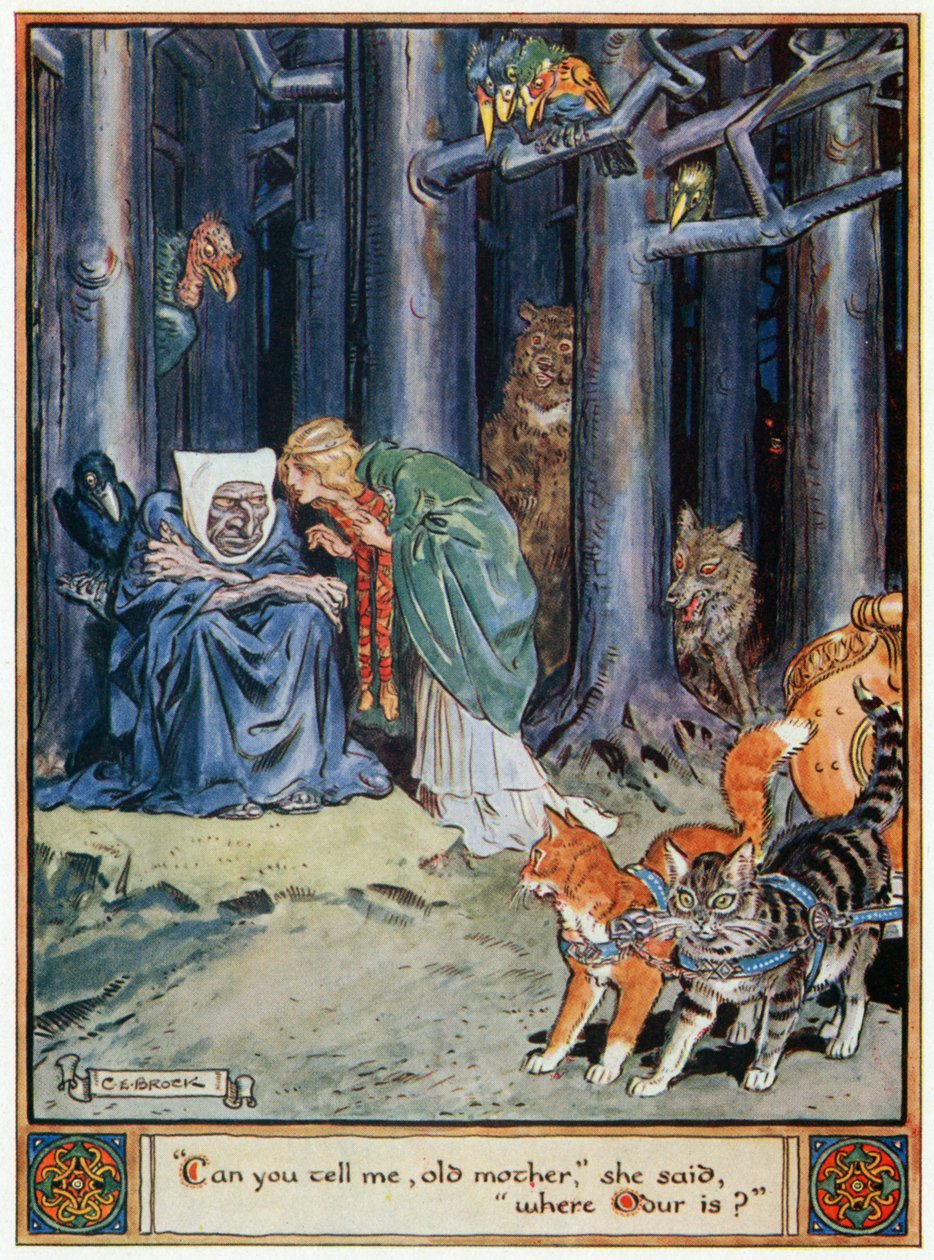 „Můžeš mi říct, stará matko,“ řekla „kde je Odur“, ilustrace z „Hrdinové z Asgardu, příběhy ze skandinávské mytologie“, od A und E Keary, 1930 od Charles Edmund Brock