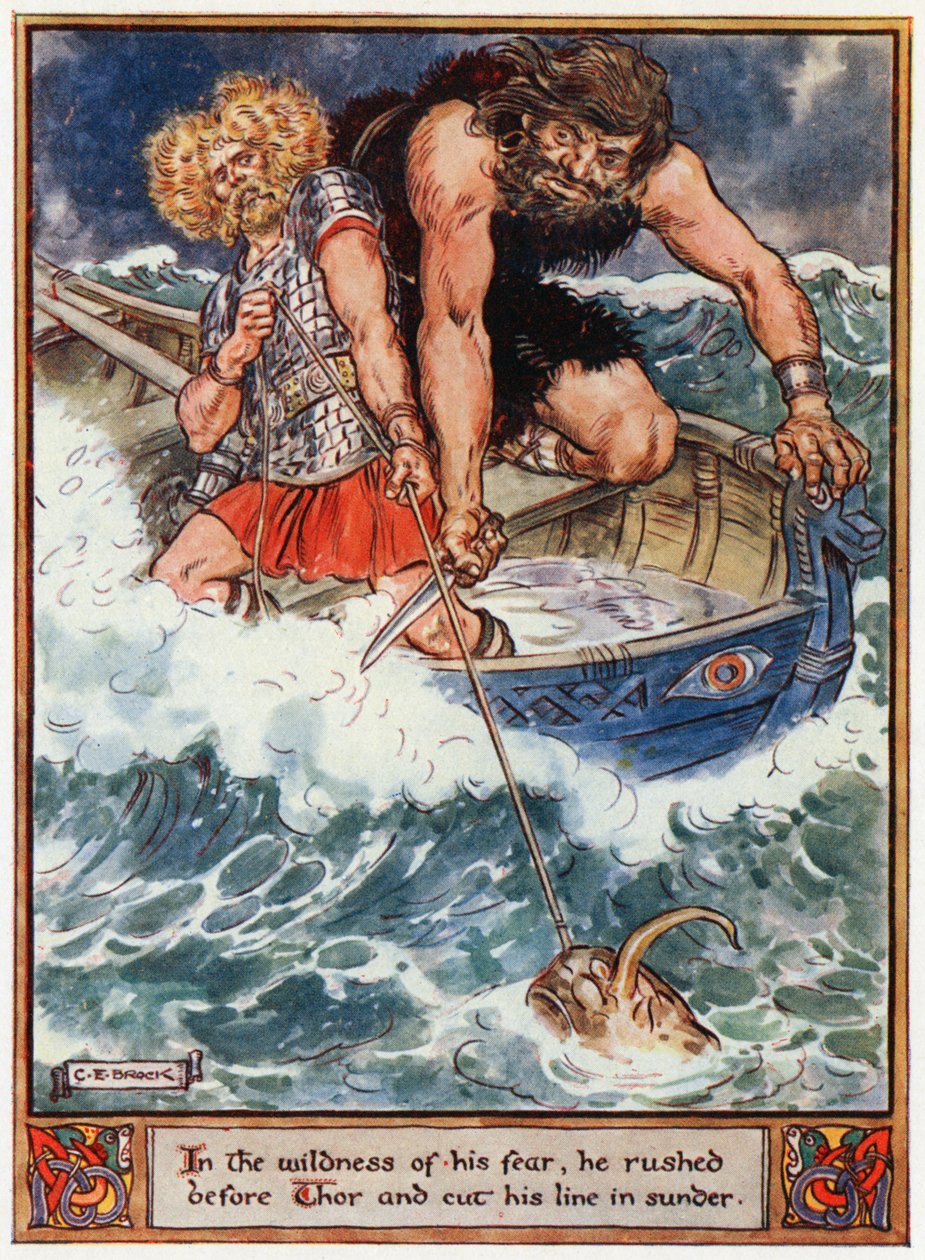 "V divokém strachu se vrhl před Thora a přetnul jeho linii", ilustrace z knihy "The Heroes of Asgard, tales from Scandinavian Mythology", A und E Keary, 1930. od Charles Edmund Brock