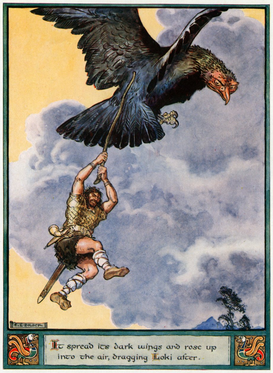 "Roztáhl svá temná křídla, vznesl se do vzduchu a táhl Lokiho za sebou", ilustrace z knihy "The Heroes of Asgard, tales from Scandinavian Mythology", A und E Keary, 1930. od Charles Edmund Brock