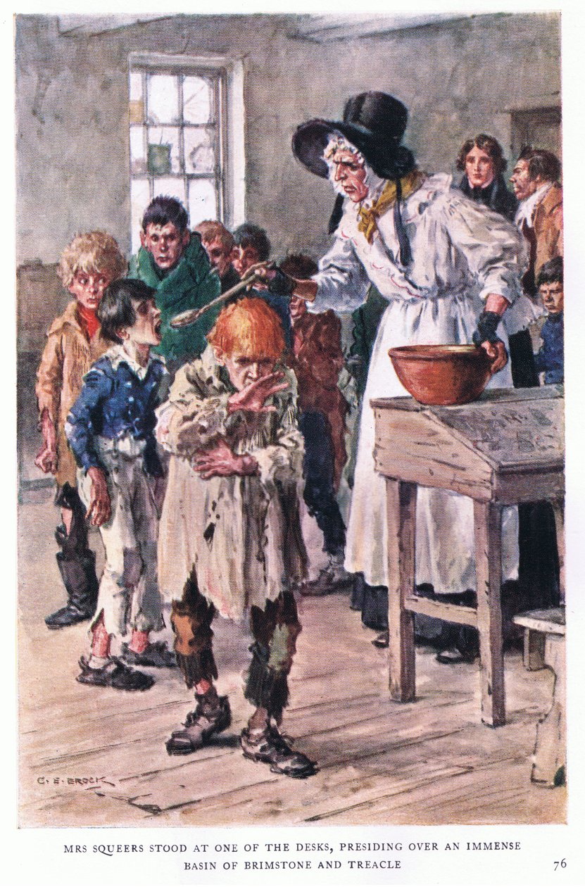 Paní Squeersová stála na jednom konci stolů a předsedala obrovské míse síry a melasy od Charles Edmund Brock