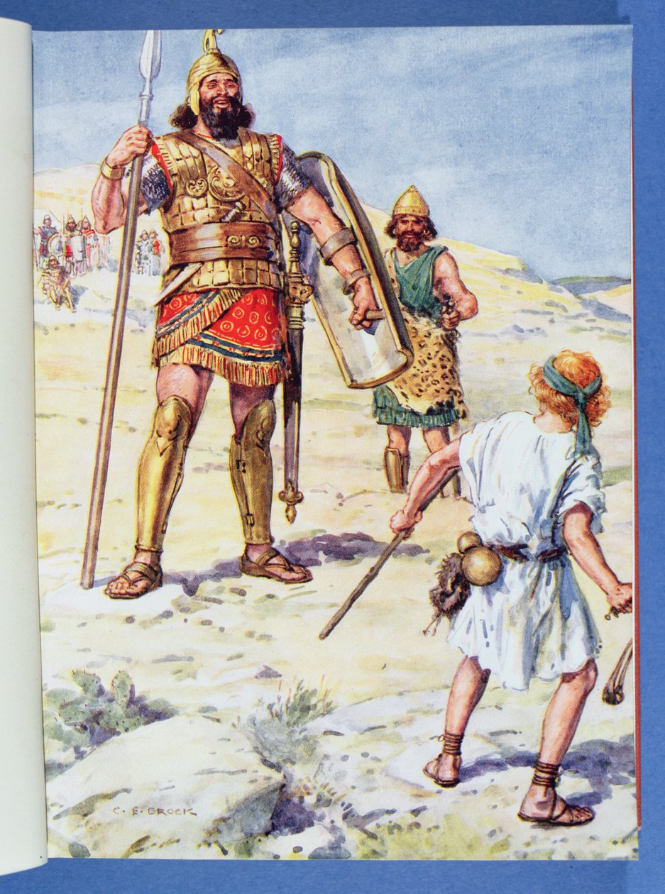 „Pilištejec vstal, přišel a přiblížil se, aby potkal Davida“, ilustrace z „Through the Bible“, Venture Publishing, 1928 od Charles Edmund Brock