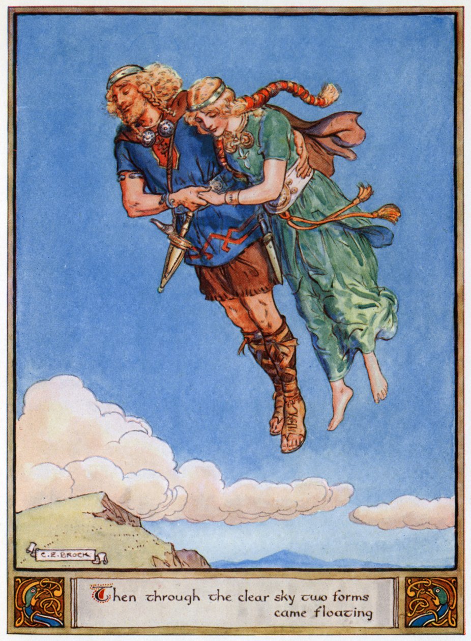 „Pak přes jasnou oblohu připluly dvě formy“, ilustrace z „Hrdinové z Asgardu, příběhy ze skandinávské mytologie“, od A und E Keary, 1930 od Charles Edmund Brock