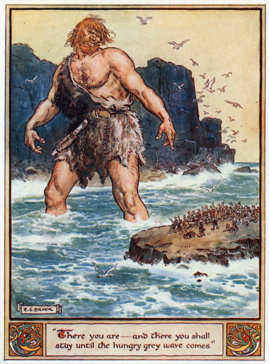 „Tady jsi...a tam zůstaneš, dokud nepřijde hladová šedá vlna“, ilustrace z „Hrdinové z Asgardu, příběhy ze skandinávské mytologie“, od A und E Keary, 1930 od Charles Edmund Brock