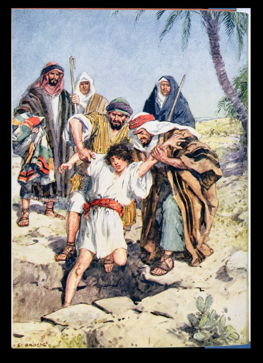 „Vhodili ho do jámy“, ilustrace z „Through the Bible“, Virtue Publishing, 1928 od Charles Edmund Brock