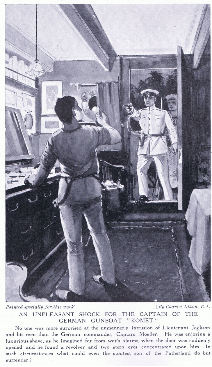 Nepříjemný šok pro kapitána německého dělového člunu Komet října 1914 od Charles Edward Dixon