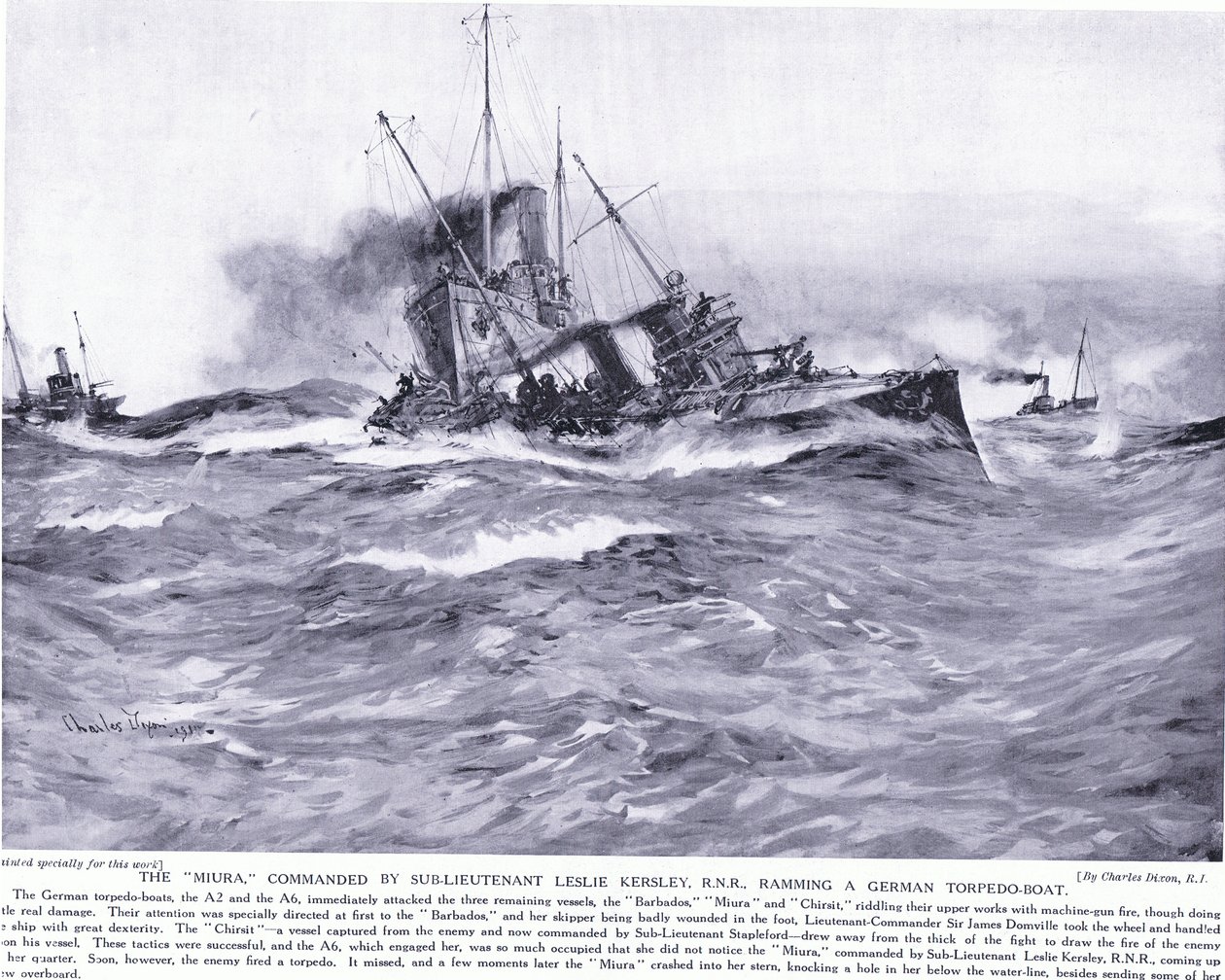 Th Miura pod velením poručíka Lesleyho Kelsey RNR narážejícího do německého torpédového člunu, říjen 1914 od Charles Edward Dixon