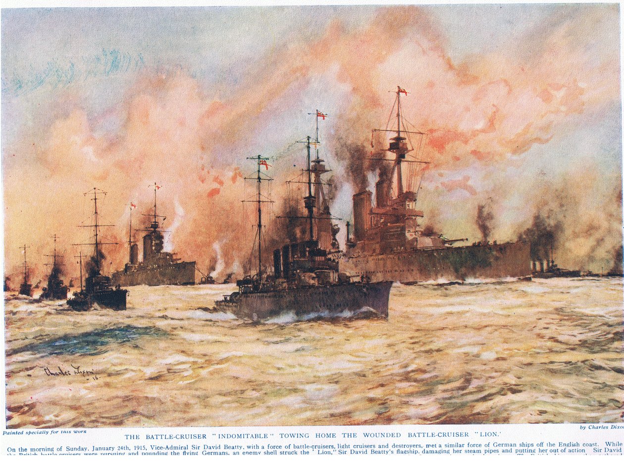 Bitevní křižník "Indomitable" vleče domů zraněný bitevní křižník "Lion", ilustrace z knihy "Deeds That Thrill The Empire", vydané nakladatelstvím Hutchinson und Co., cca 1920. od Charles Edward Dixon