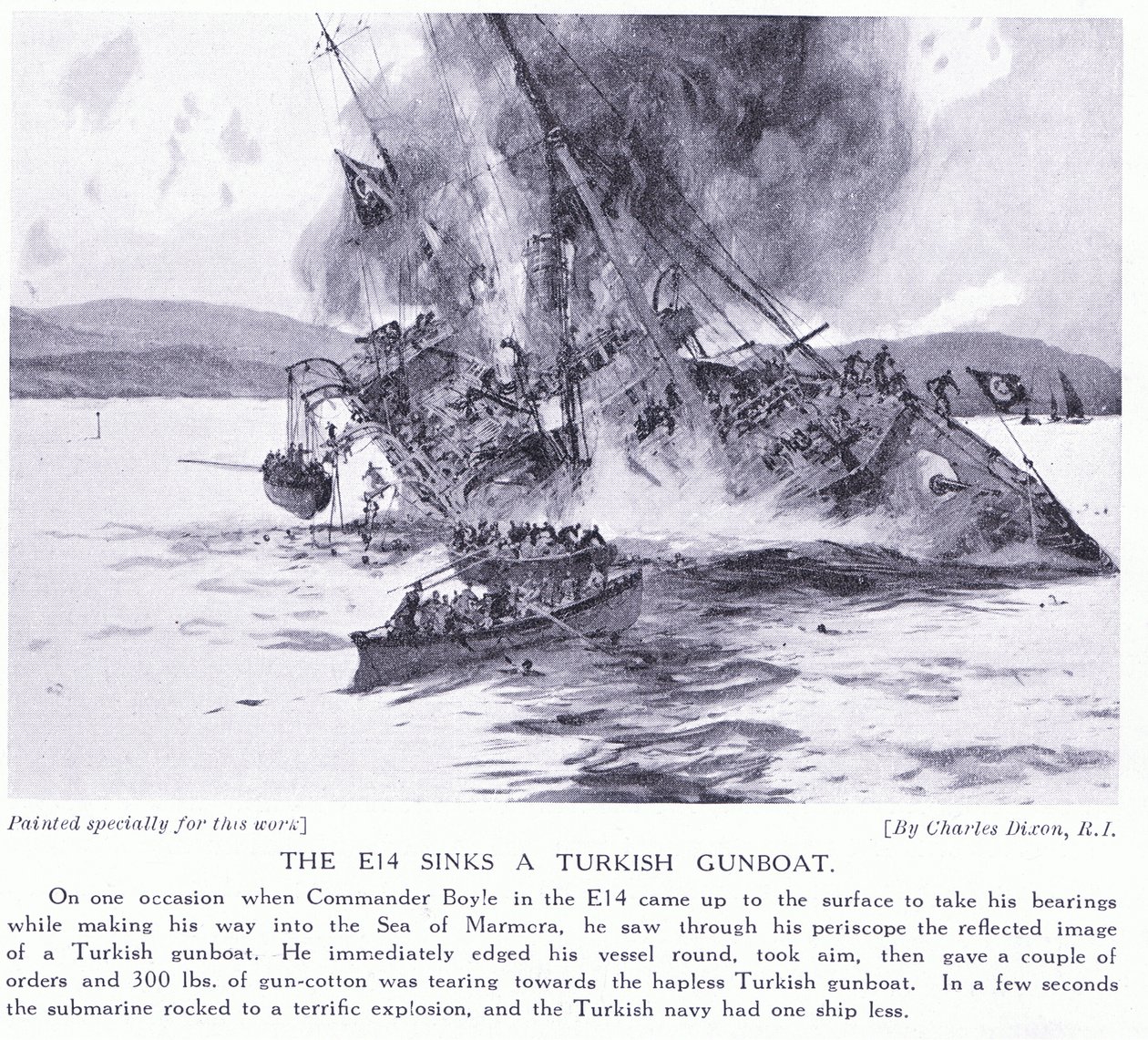 E14 potápí turecký dělový člun v Marmorském moři 1915 od Charles Edward Dixon
