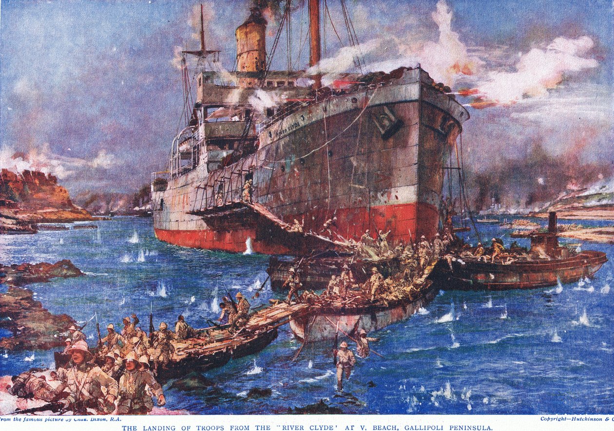 Vylodění vojáků z "řeky Clyde" na pláži V, poloostrov Gallipoli, ilustrace z knihy "Deeds that Thrill the Empire", vydané nakladatelstvím Hutchinson und Co., cca 1920. od Charles Edward Dixon