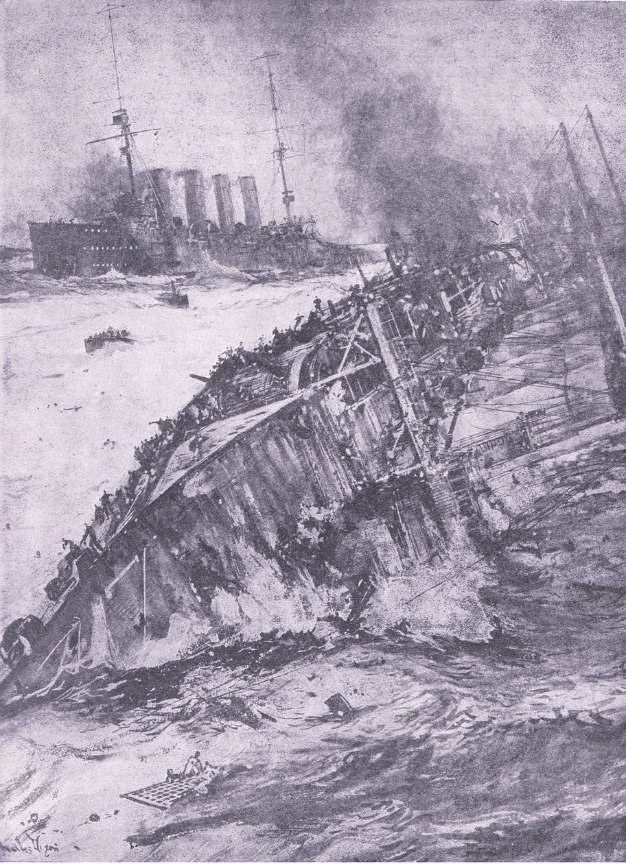 Katastrofa v Severním moři: potopení Aboukiru, z History of the Great War Vol 3 vydané nakladatelstvím Waverley Book Co Limited, kolem roku 1920 od Charles Edward Dixon