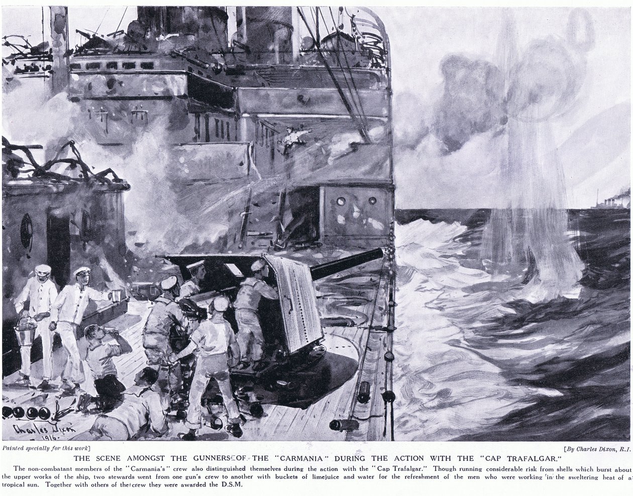 Scéna mezi střelci z Carmania během akce s Cap Trafalgar od Charles Edward Dixon