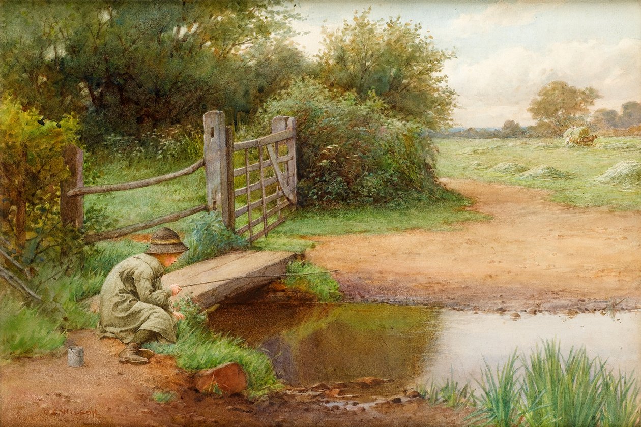 Zkouší své štěstí, rybaří v potoce (wc na papíře) od Charles Edward Wilson