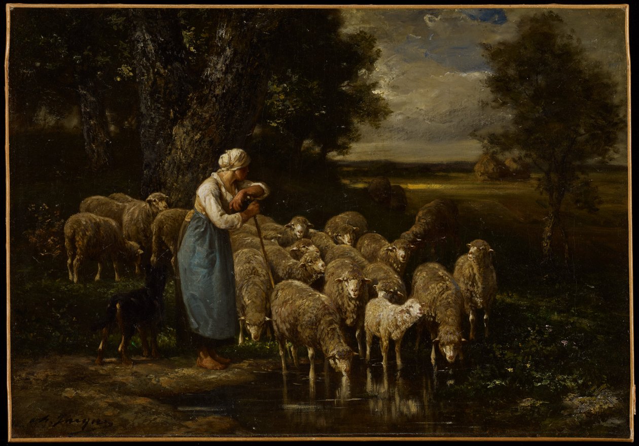 Pastýřka a ovce, Fontainebleau od Charles Emile Jacque