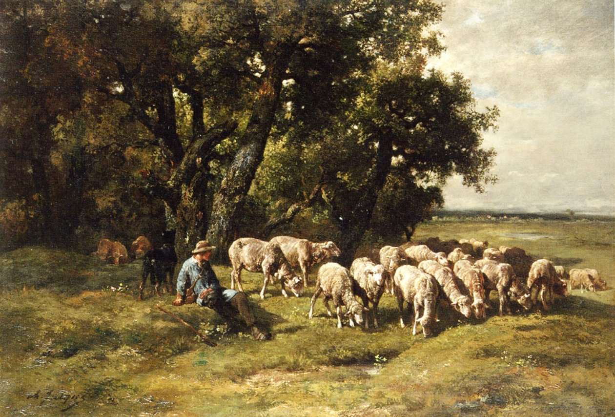 Pastýř a jeho stádo olej na plátně od Charles Emile Jacques