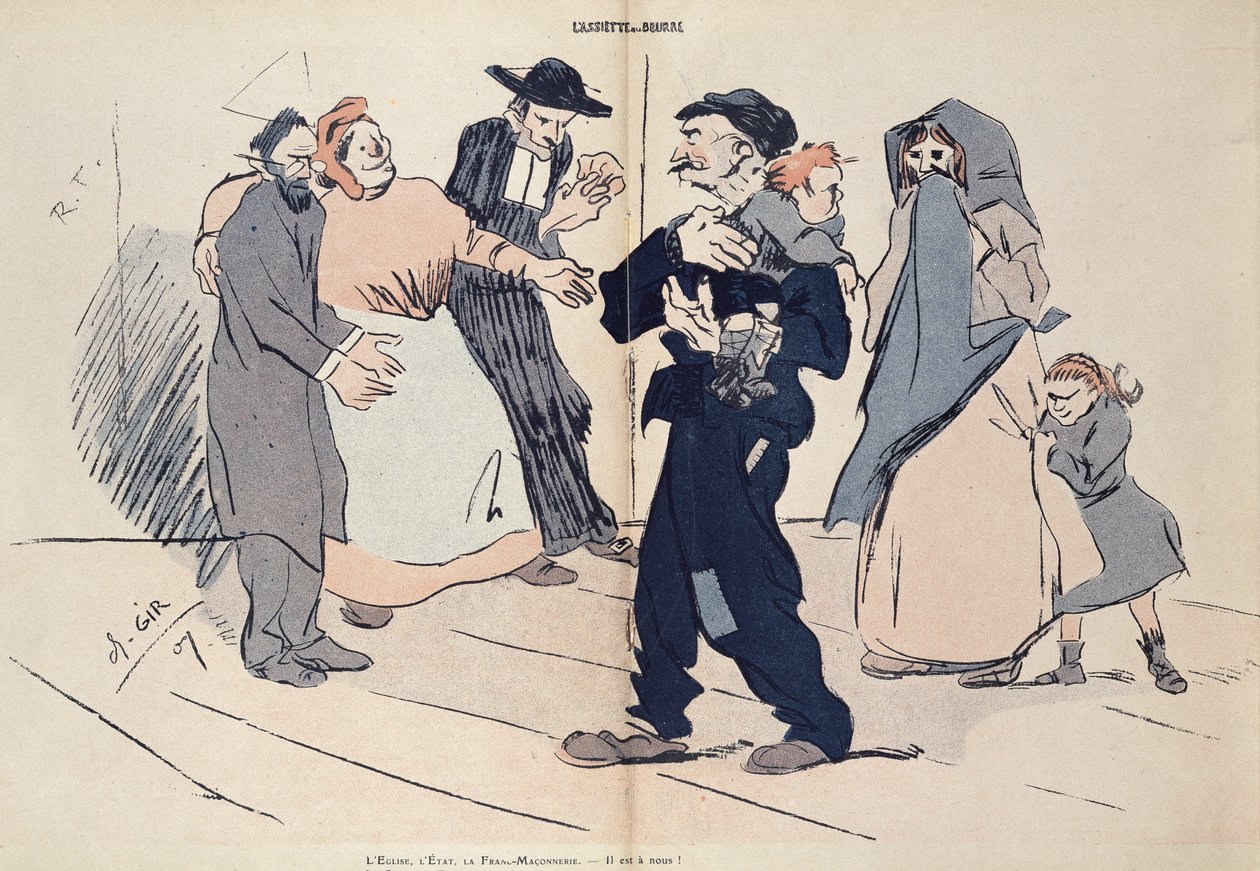 Boj o dítě mezi rodinou dítěte a církví, státem a svobodnými zednáři, karikatura z "L