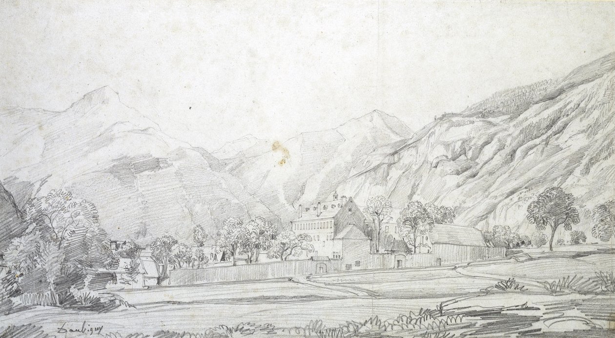 Pohled na budovy v obezděném uzavřeném prostoru s horami v pozadí (grafit na bílém tkaném papíře) od Charles Francois Daubigny