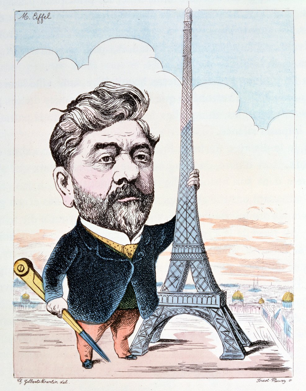 Gustave Eiffel (1832-1923) s jeho nejznámější stavbou, Eiffelovou věží, vyrytou Forest Fleurym od Charles Gilbert Martin