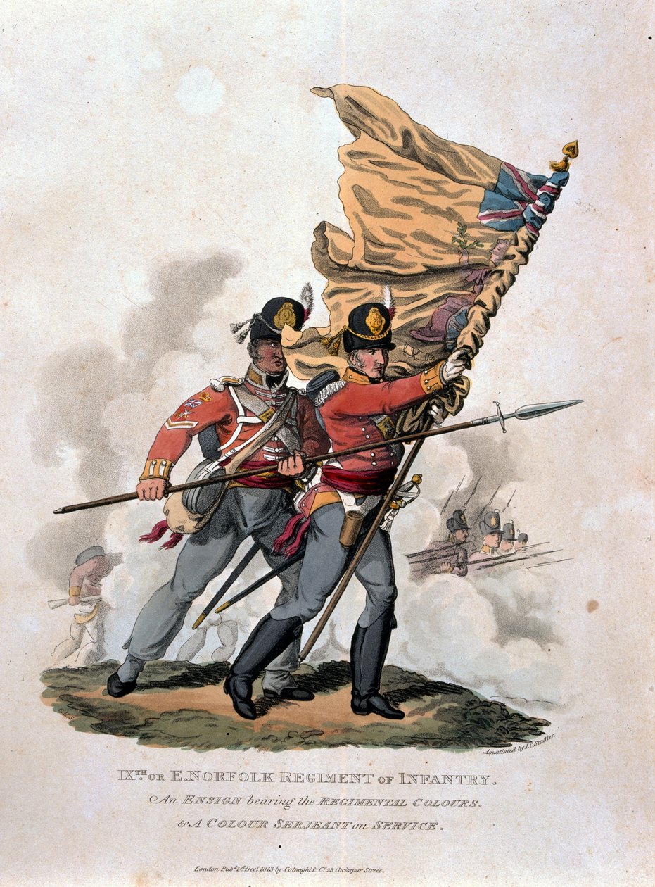 9th, neboli E Norfolk Regiment of Infantry, z „Kostýmy armády Britského impéria, podle posledních předpisů z roku 1812“, vyryl J.C. Stadler, vydal Colnaghi und Co. 1812-15 (barva od Charles Hamilton Smith