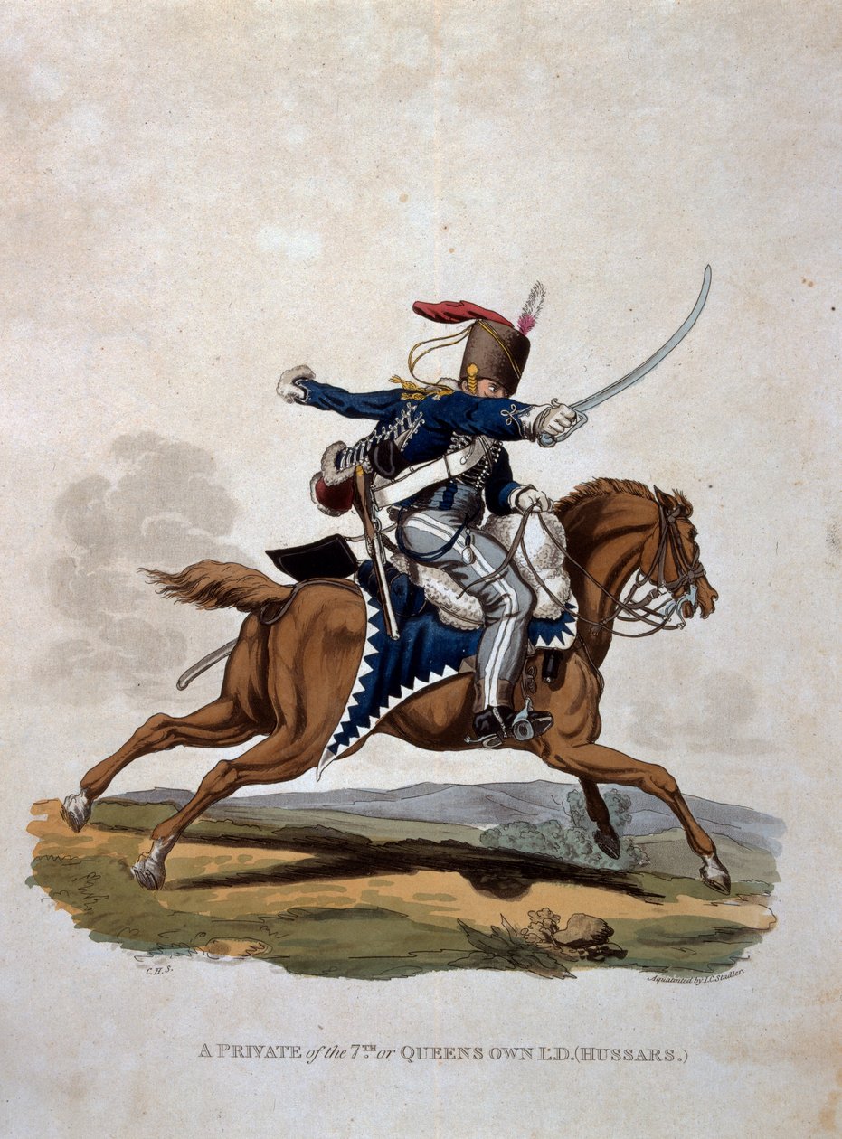 Vojín 7. neboli královnini vlastní husaři, z „Kostýmy armády Britského impéria, podle posledních předpisů z roku 1812“, vyrytý J.C. Stadlerem, vydal Colnaghi und Co. 1812-15 ( od Charles Hamilton Smith