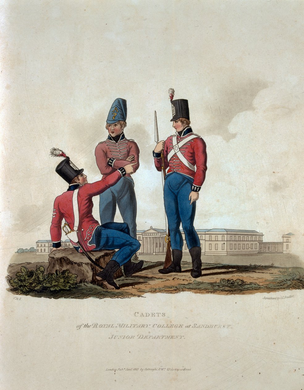 Kadeti Královské vojenské akademie v Sandhurstu, mladší oddělení, z „Kostýmy armády Britského impéria, podle posledních předpisů z roku 1812“, vyryto J.C. Stadlerem, vydal od Charles Hamilton Smith