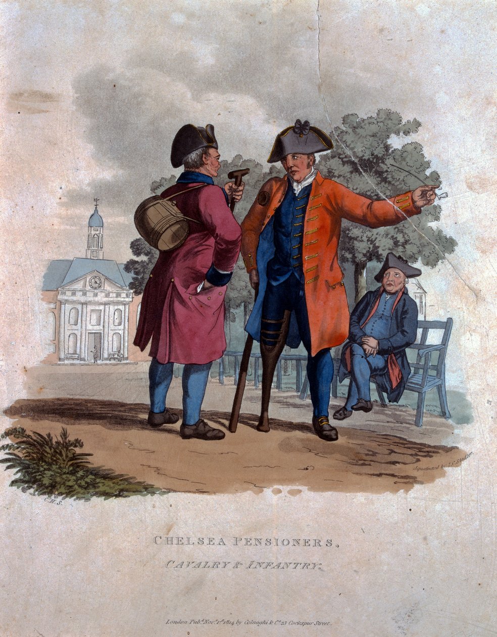 Chelsea Pensioners, Cavalry and Infantry, z „Kostýmy armády Britského impéria, podle posledních předpisů z roku 1812“, vyryl J.C. Stadler, vydal Colnaghi und Co. 1812-15 (colo od Charles Hamilton Smith