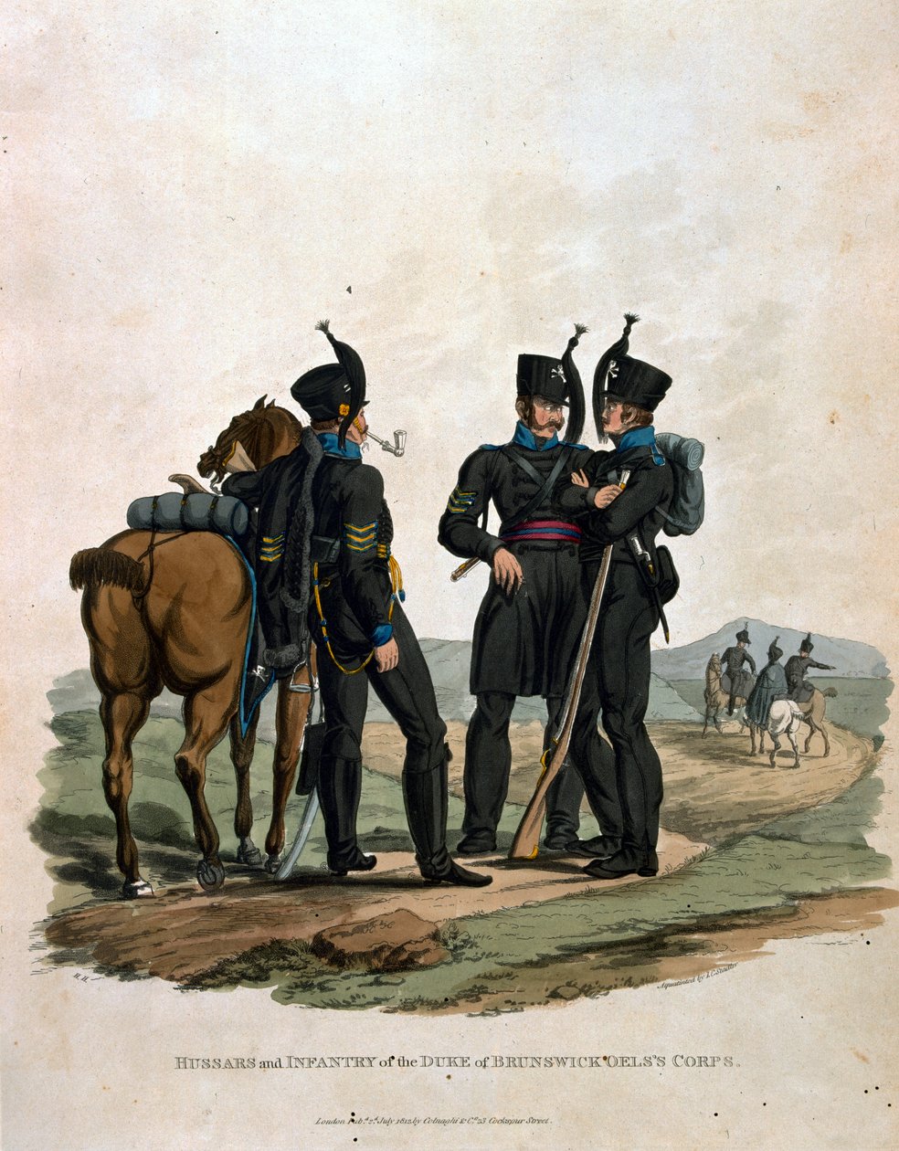 Husaři a pěchota sboru vévody z Brunswicku Oels, z „Kostýmy armády Britského impéria, podle posledních předpisů z roku 1812“, vyryto J.C. Stadlerem, vydal Colnaghi und od Charles Hamilton Smith