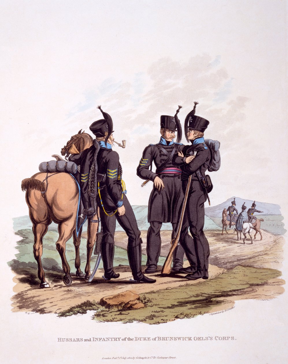 Uniforma husarů a pěchoty a sboru vévody z Brunswicku Oel, z „Kostýmu britského impéria, podle posledních předpisů“, vydaného v roce 1812 (ručně kolorovaná akvatinta) od Charles Hamilton Smith