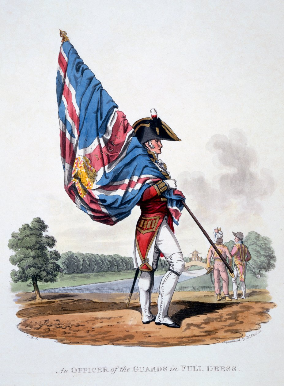 Uniforma důstojníka gardy v celobarevných šatech z „Kostýmu Britského impéria podle posledních předpisů“, vydaného v letech 1812-15 (ručně kolorovaná akvatinta) od Charles Hamilton Smith