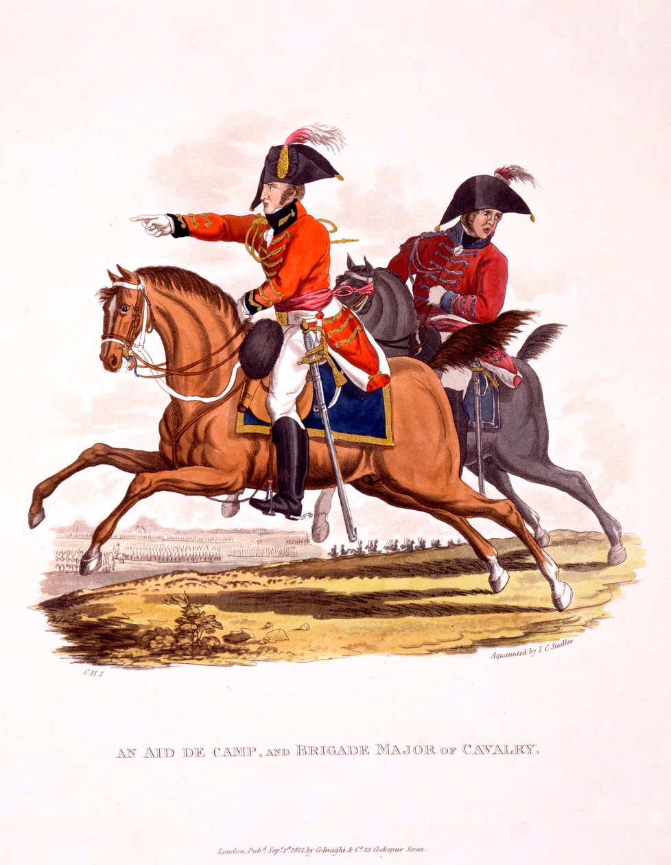 Uniformy pobočníka tábora a majora brigády jezdectva, z knihy "Costume of the British Empire, according to the Last Regulations", vydané v roce 1812 (ručně kolorovaná akvatinta) od Charles Hamilton Smith