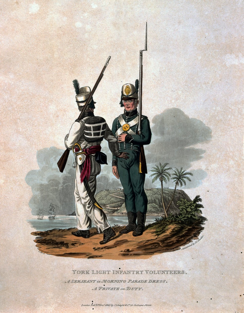 York Light Infantry Volunteers, a Serjeant of Morning Parade Dress, A Private on Duty, z knihy "Costumes of the Army of the British Empire, according to the last regulations 1812", vyryl J.C. Stadl od Charles Hamilton Smith