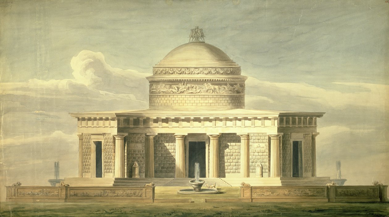 Kopie návrhu sira Johna Soanea (1752-1837) pro psí rezidenci, původně nakreslena v roce 1779, kolem roku 1835 (pero, inkoust a wc na papíře) od Charles James Richardson