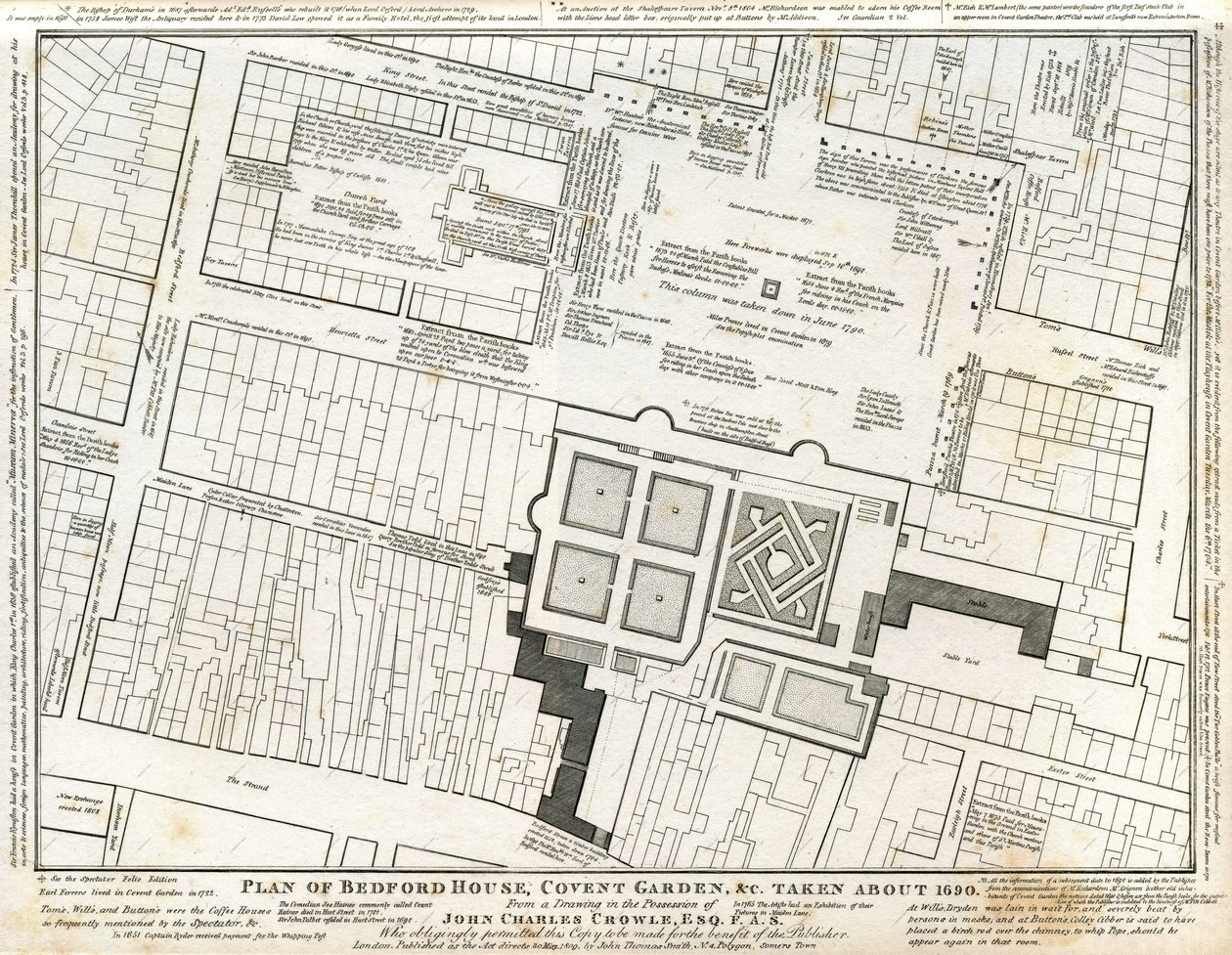 Plán Bedfordova domu a zahrady v Covent Garden nakreslený kolem roku 1690 s následnými anotacemi od Charles John Crowle