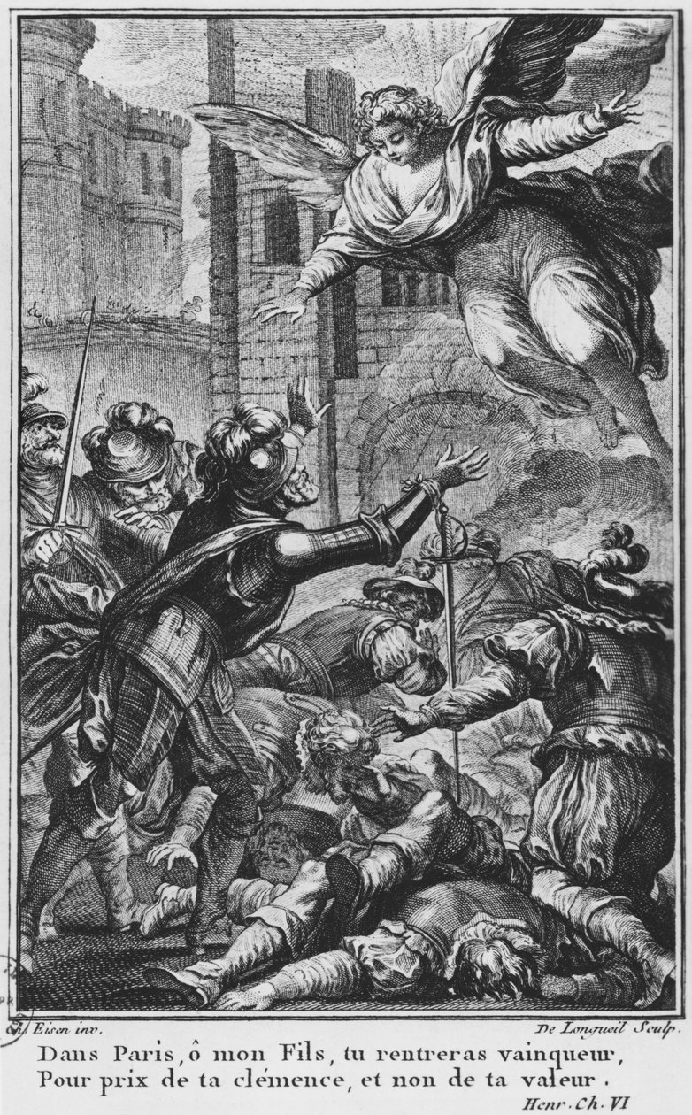 Obležení Paříže, zjevení svatého Ludvíka (1214-70) Jindřichu IV. (1553-1610) vyrytý Josephem de Longueil (1730-92) ilustrace z „La Henriade“ od Voltaira (1694-1778) od Charles Joseph Dominique Eisen