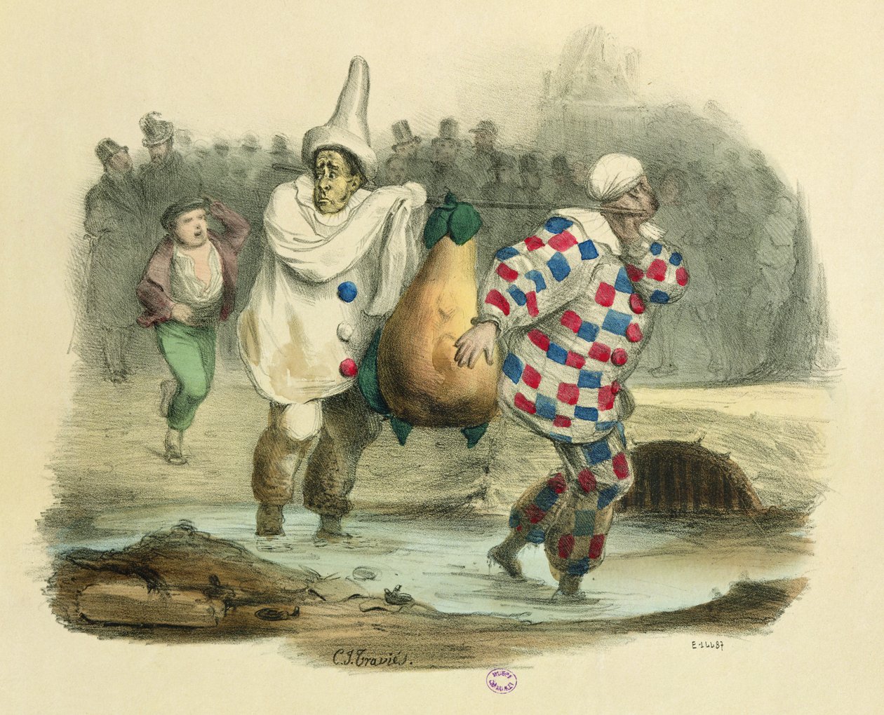 Juste Milieu se špiní, karikatura na téma Louis-Philippe I., kolem 50. let 19. století od Charles Joseph Travies de Villiers