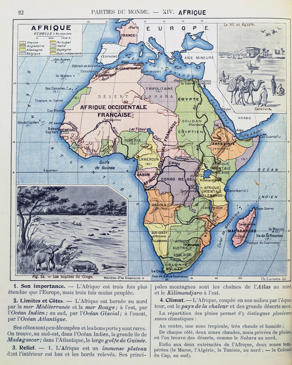 Mapa koloniální Afriky, ze školní knihy, vydané v roce 1911 od Charles Lacoste