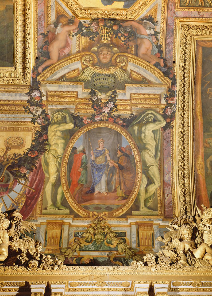 Velvyslanci přijíždějící ze všech koutů Země, nástropní malba z Galerie des Glaces od Charles Le Brun