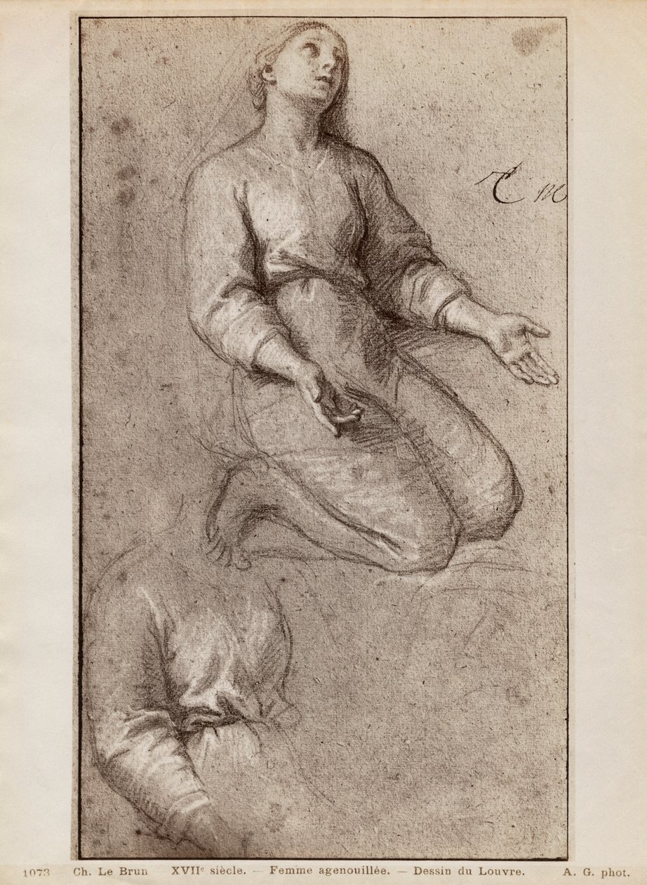 Klečící žena, cca 1685 (melír pierre noire a bílá křída na béžovém papíře) od Charles Le Brun
