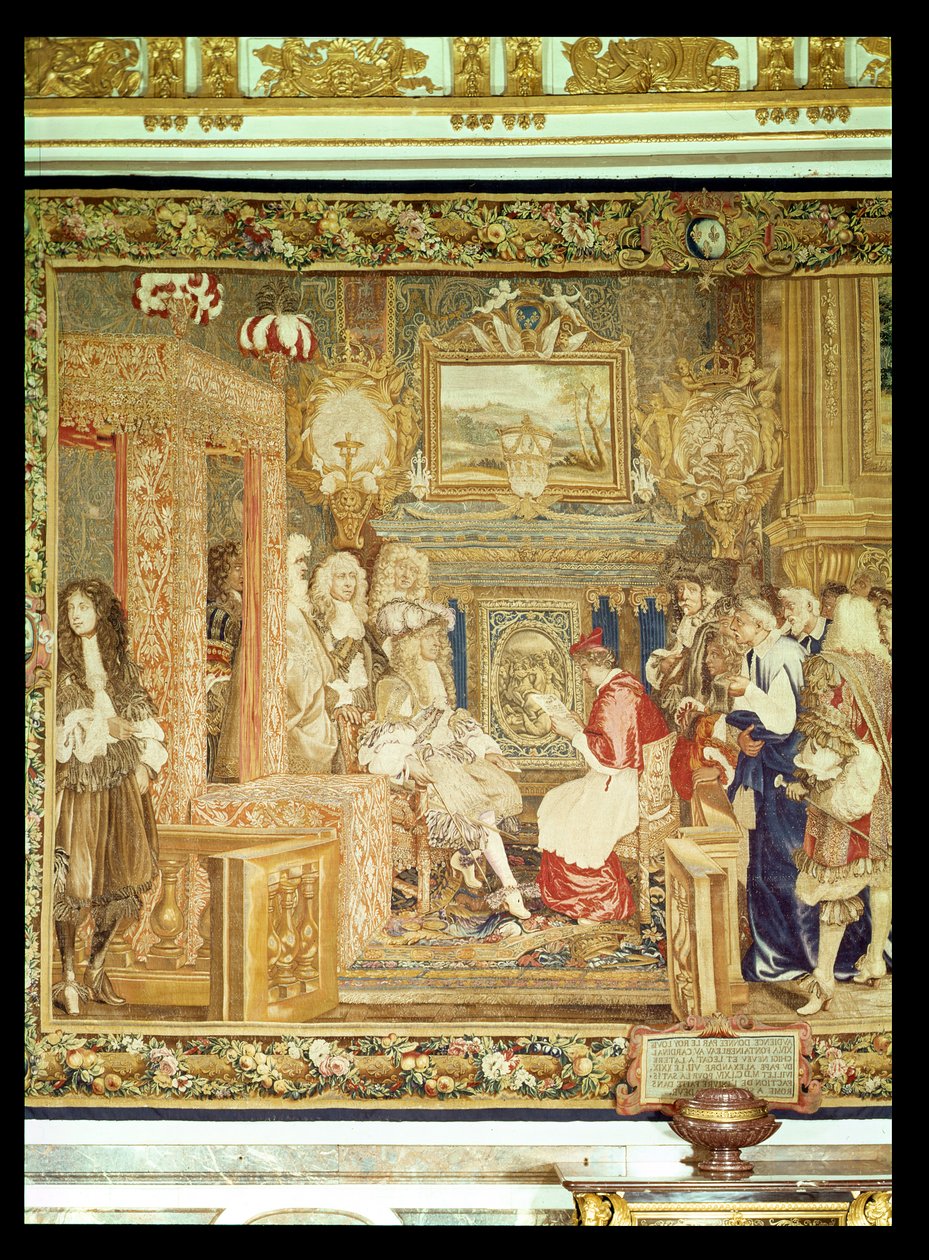 Ludvík XIV. (1638-1715) přijímající papežského legáta ve Fontainebleau, detail z gobelínové tapisérie, 29. července 1664 (tapisérie) (viz 22905) od Charles Le Brun