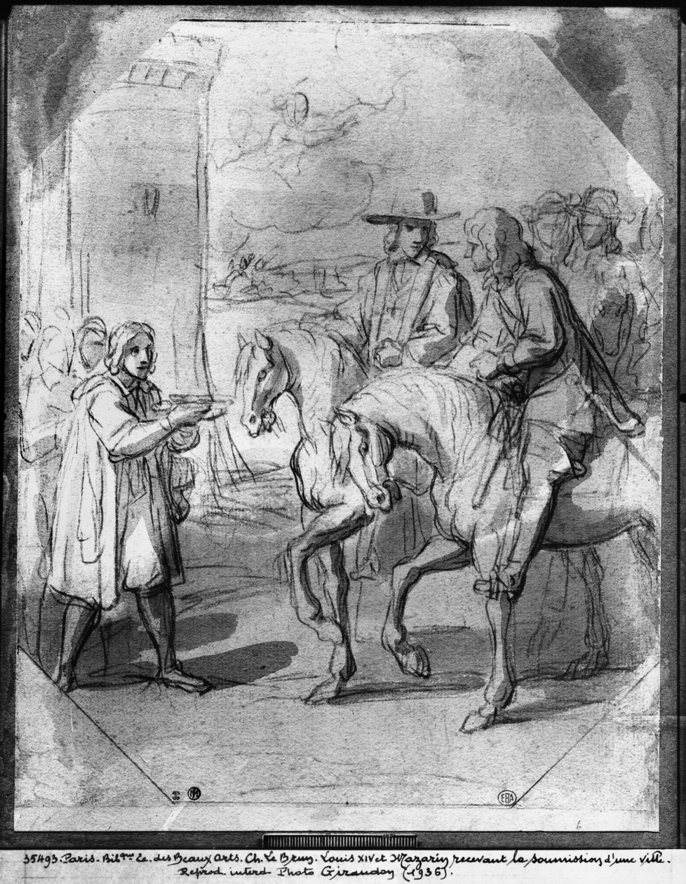 Ludvík XIV. přijímající předložení města (pero a inkoust a papír na mytí inkoustem) od Charles Le Brun