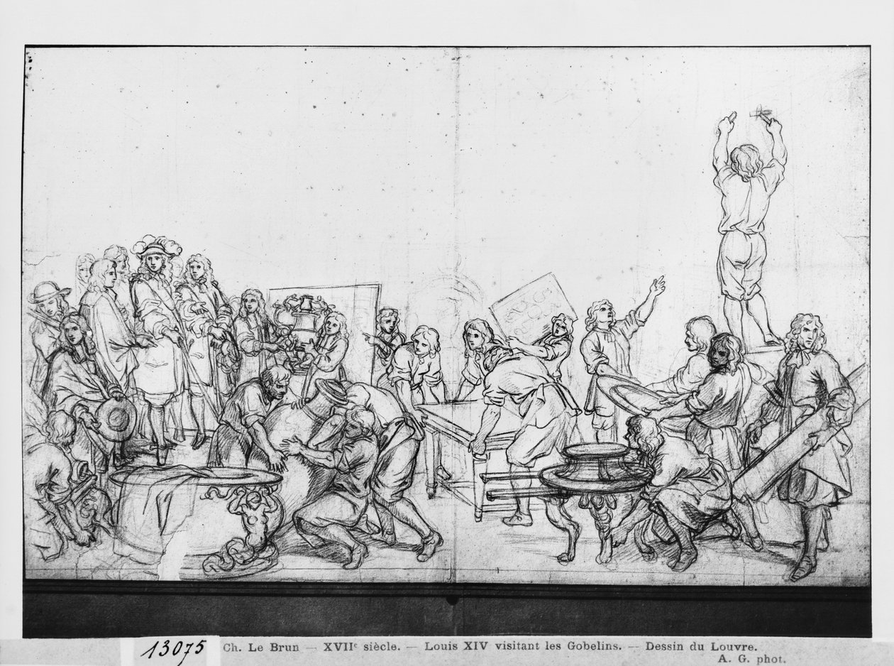 Louis XIV na návštěvě továrny na gobeliny (pierre noire na papíře) od Charles Le Brun