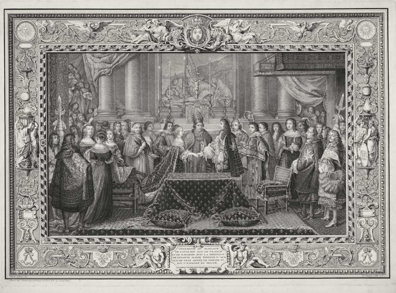 Svatební obřad Ludvíka XIV. (1638-1715) francouzského a navarrského krále a infantky Marie Terezie Rakouské (1638-83) dcera Filipa IV., španělského krále v roce 1660, ryl B. Jeaurat, 1731 (l od Charles Le Brun