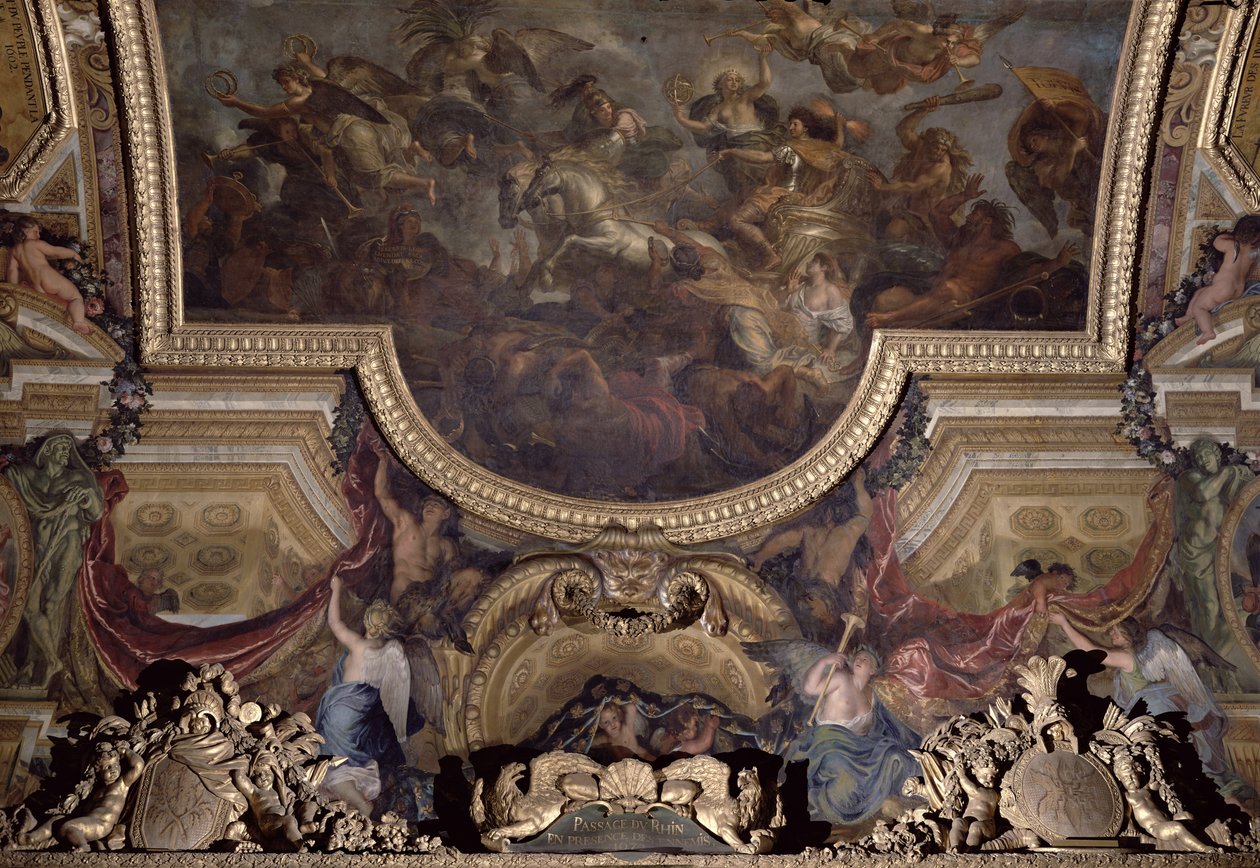 Průchod na Rýnu v přítomnosti nepřátel 1672, Stropní malba z Galerie des Glaces od Charles Le Brun