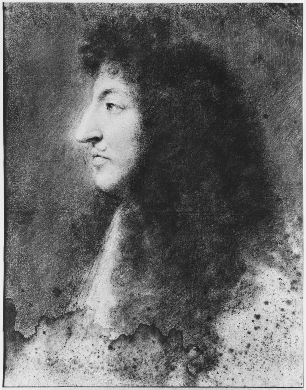 Portrét Ludvíka XIV., mladého, z profilu vlevo, kolem 1669-70 (pastel na šedém béžovém papíře) od Charles Le Brun