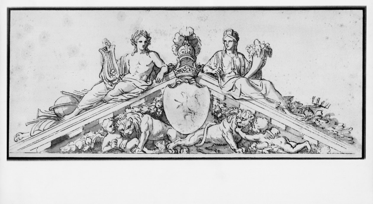 Projekt štítu hradu Vaux-Le-Vicomte (pero a hnědý inkoust a pierre noire a hnědé mytí na béžovém papíře) od Charles Le Brun