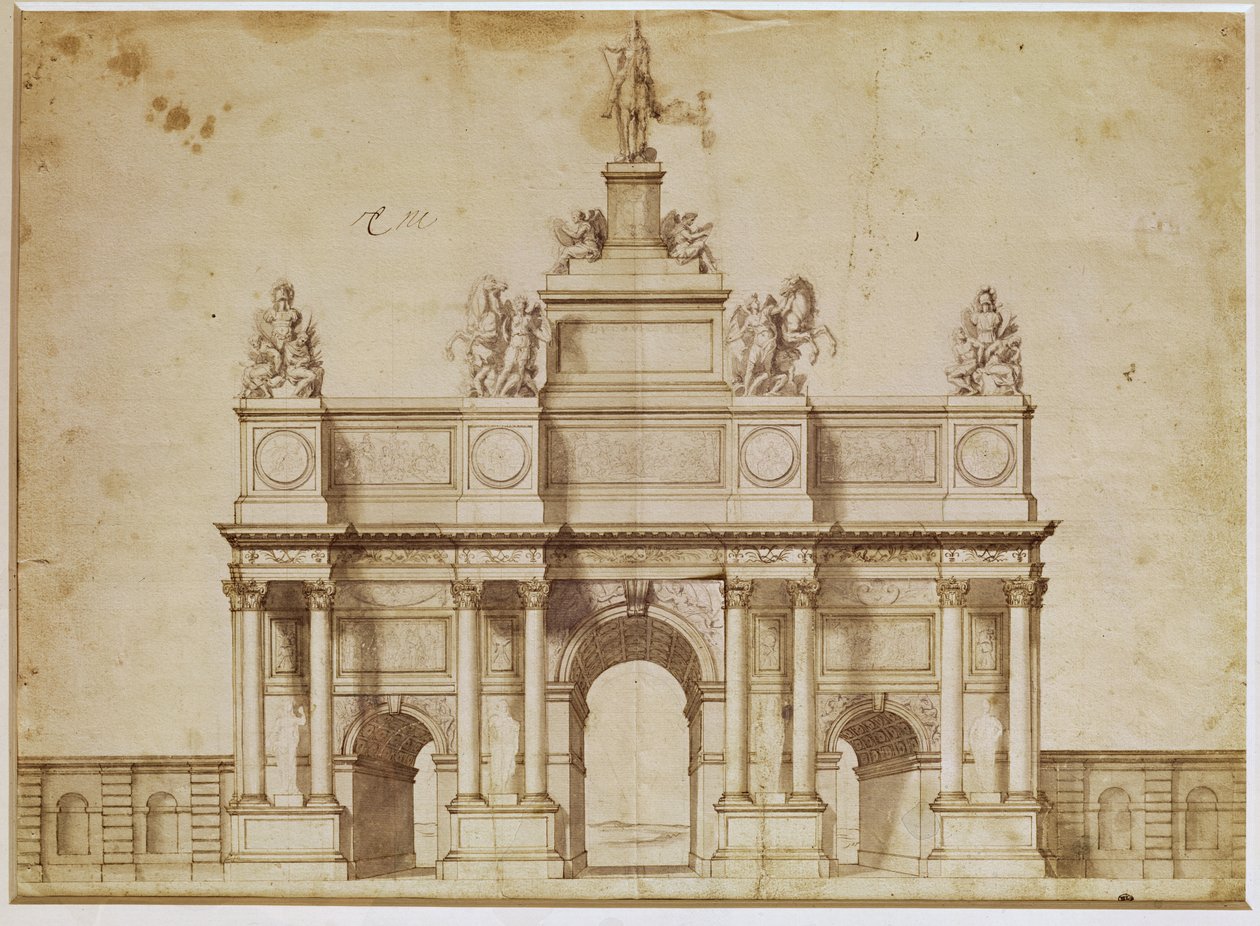 Návrh na Arc de Triomphe, rue Saint-Antoine, Paříž, kolem 1668 (pero a hnědý inkoust na papíře) od Charles Le Brun